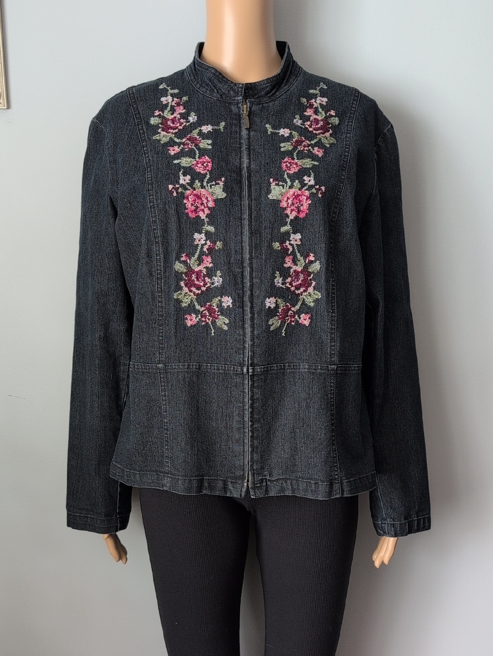 Cottagecore Embroidered Denim Jacket XL Dark Wash Floral Cross Stitch - Picture 2 of 13
